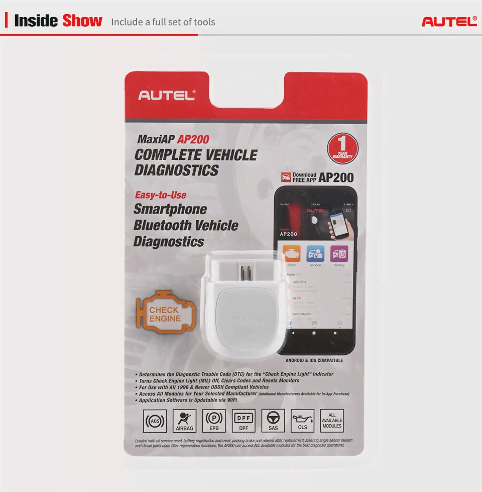 Autel AP200 v1.03 Bluetooth-совместимый сканер OBD2 автоматический инструмент полная система считыватель кодов автомобиля диагностический инструмент (art.: 3a3675707c1)